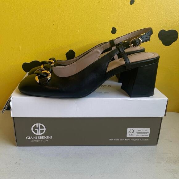 Giani Bernini Black Slingbacks | Block Heel | Gold Chain Detail | Size 10 - Picture 1 of 6